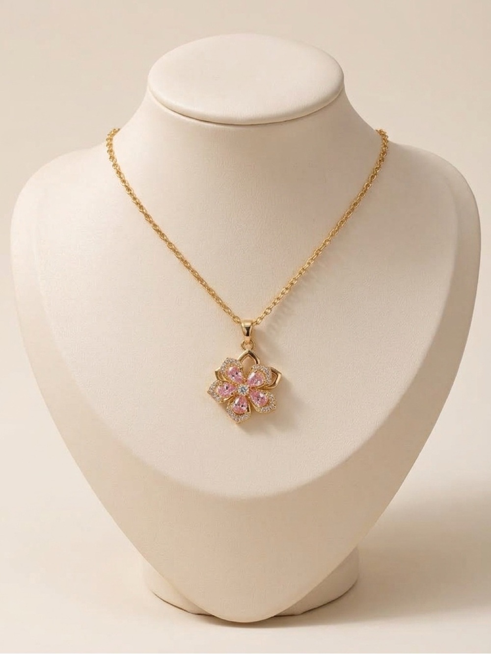 Gold Chain Necklace with Pink Flower Pendant